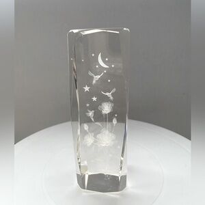Vintage 3-D Laser Etched Crystal Paperweight Prism - Hummingbirds in the Garden